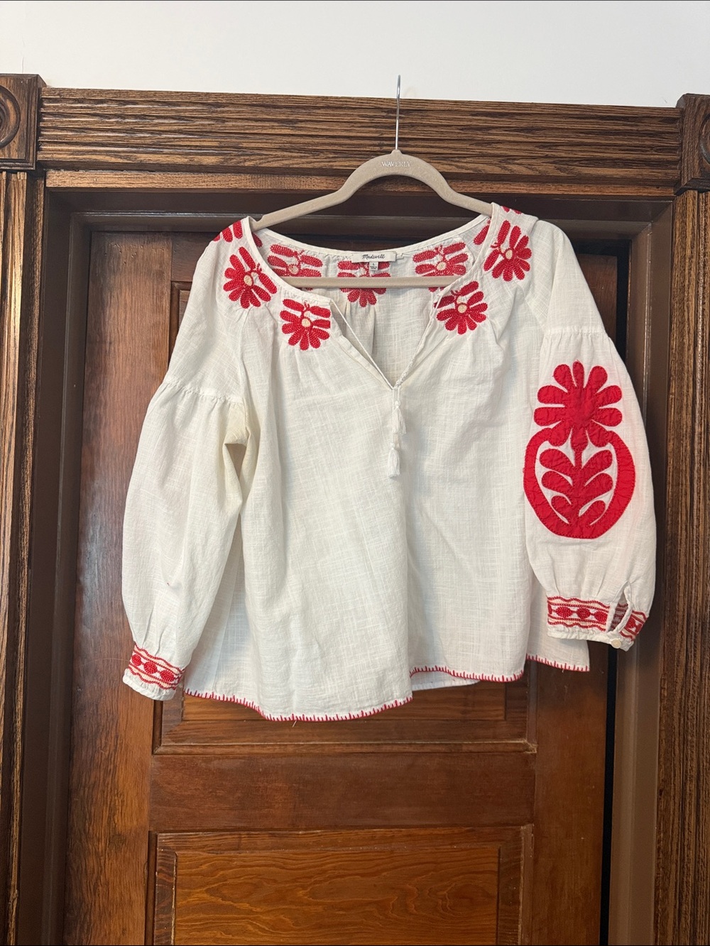 Madewell White Peasant Blouse with Red Floral Embroidery